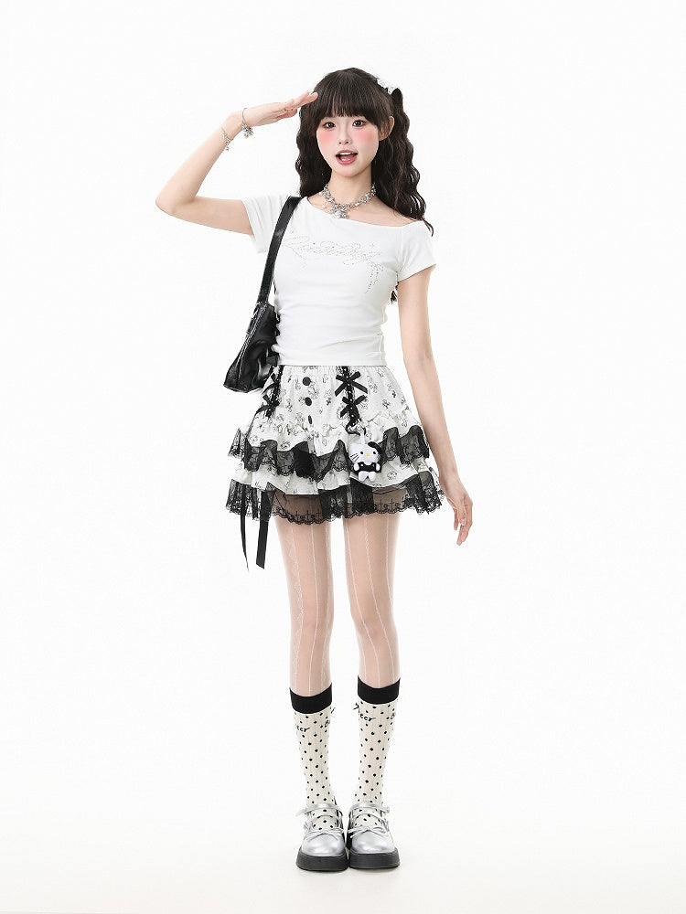 One-Shoulder Lace-Up Short Sleeve T-Shirt with Rhinestone Letter Embellishment Blue/White/Black