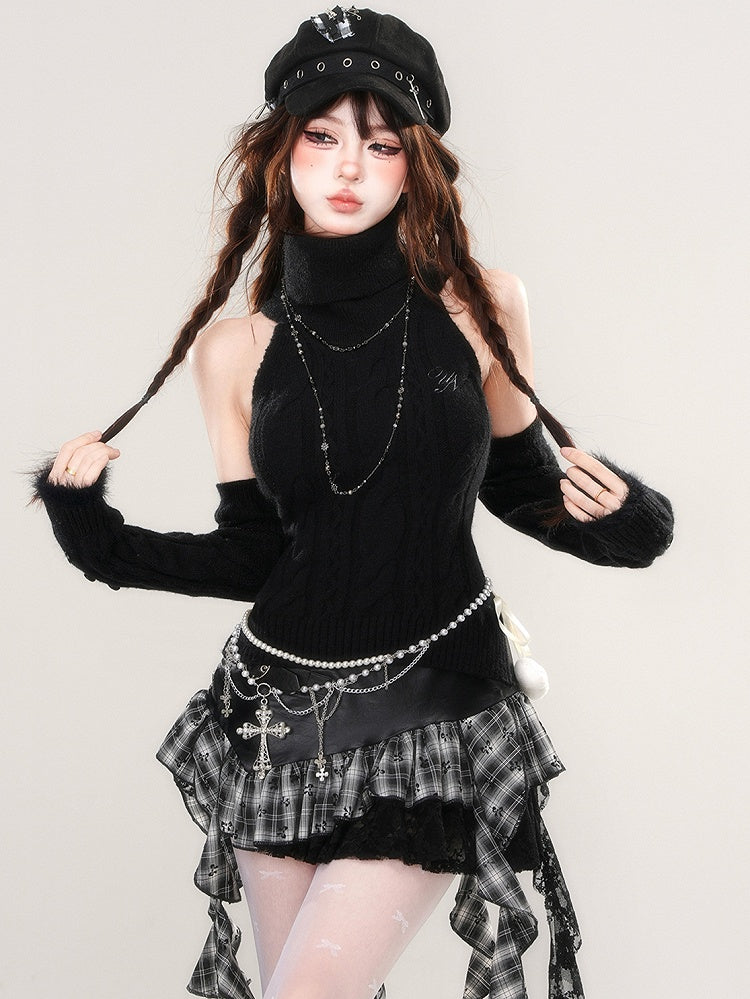 取り外し可能な袖が付いたブラックタートルネックノースリーブスリムフィットセーター