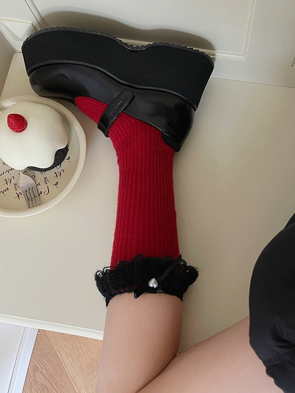 Chaussettes Lolita blanches à revers en dentelle et nœud papillon