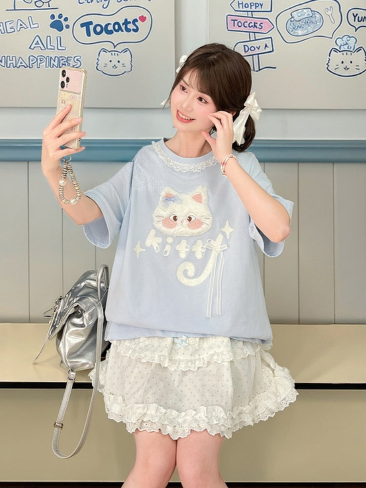 Long/Short Round Neck Plush Version Blue T-Shirt Cat Applique