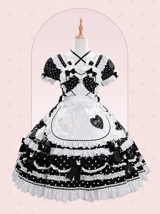 Sweet Heart-shaped Black Lolita Bows Apron Blue Red Bodice / Pink Decorated