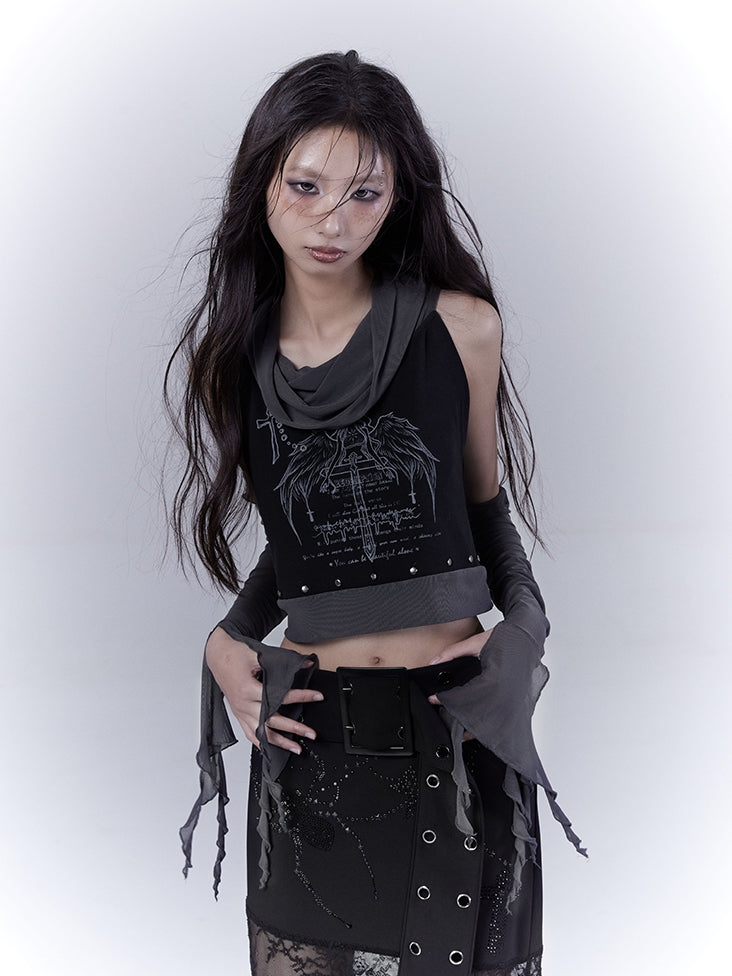 Sleeveless Top Armwear Print Punk Studded Black Cross Wing with Free