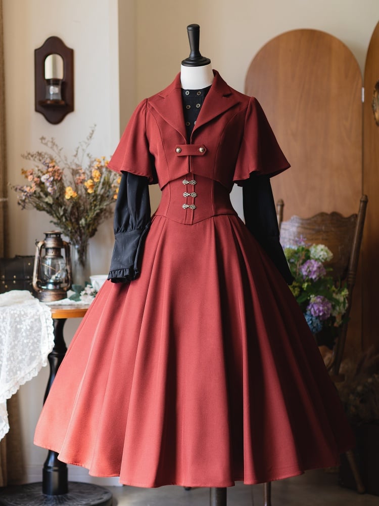 Red Long Version Autumn Vintage Detachable Halter Strap Boned High Waist Skirt