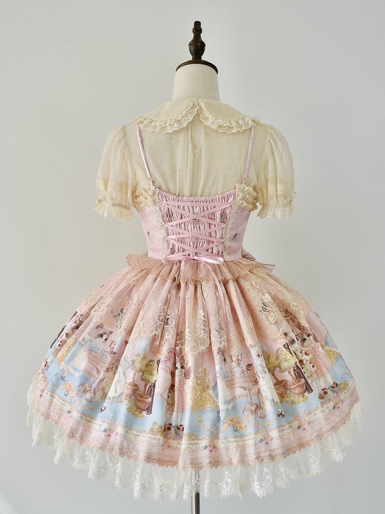 Party Tee Lolita Kitty Mieder Druck Jumper Korsett Kleid Rosa Rock Süße
