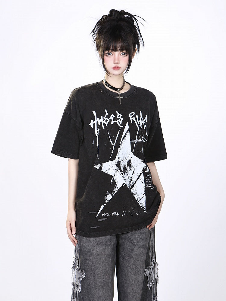 Black/White Vintage Washed Oversized Star Print T-Shirt