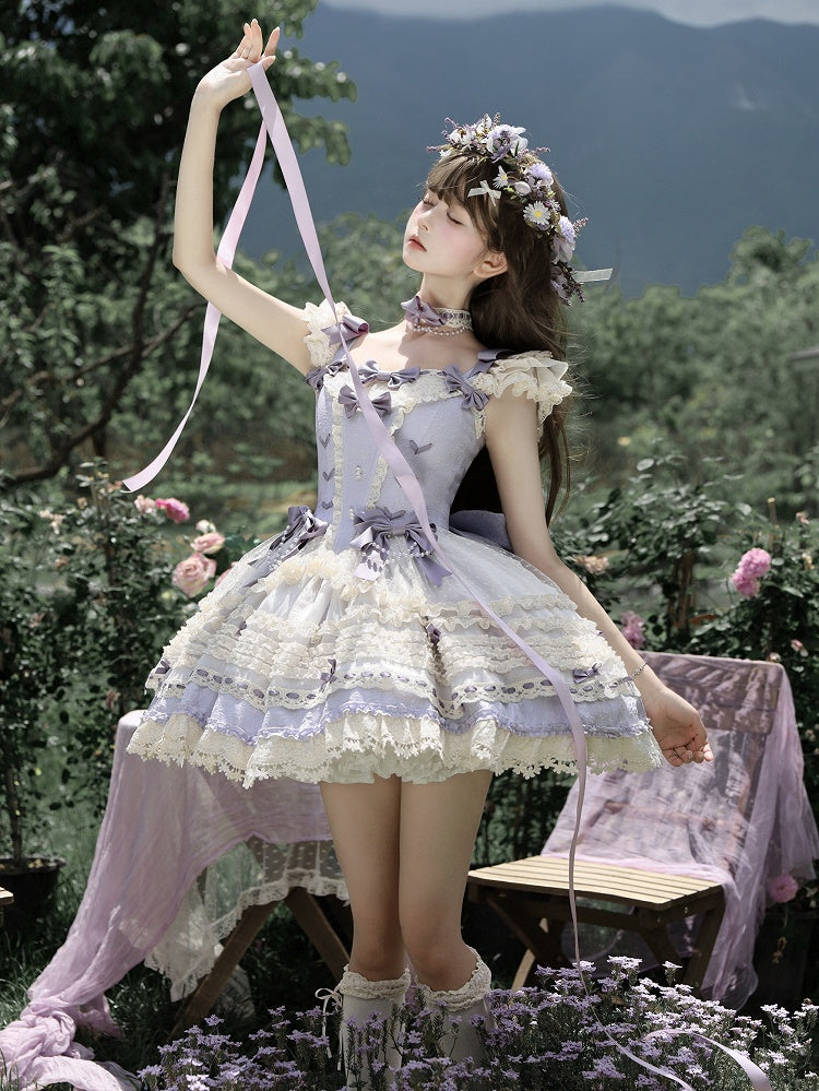 Rock Akzente Lila Kleid Taille Pullover Lolita Schleife Stäbchen Ballercore