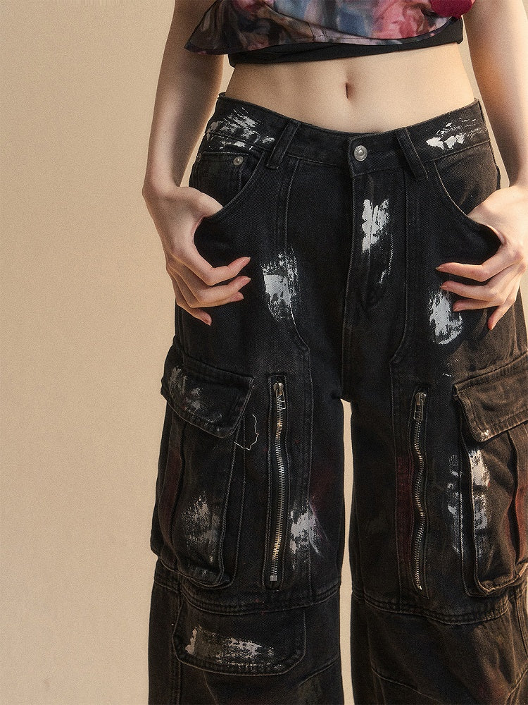 Zipper Details Spray Black Pockets Cargo Print Distressed Paint Wide-Leg Jeans