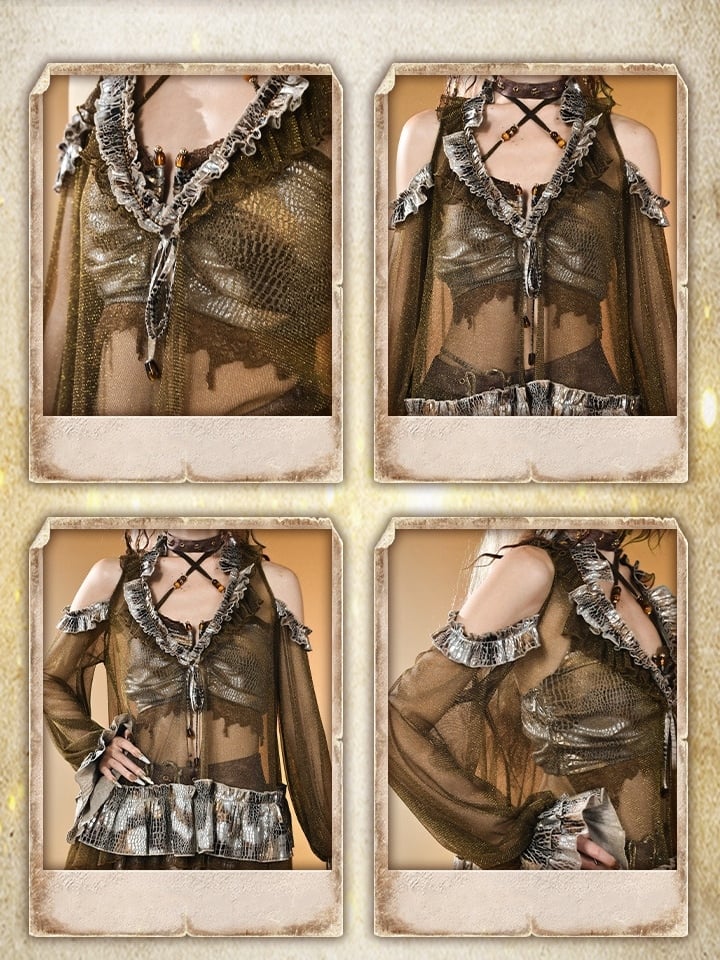 Top Cutout Shoulder Dark Punk Wasteland Sleeves Semi-sheer Design Long V-neck Brown