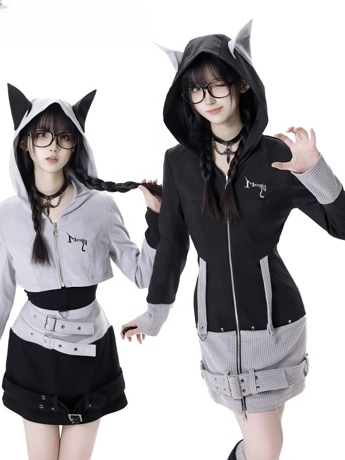 Black Strap and Design Hood Colorblock Wolf Ears Buckle Zip Closure Dress Gray Knit