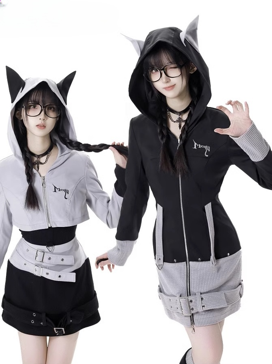 Schwarzer Riemen und Design Kapuze Colorblock Wolf Ohren Schnalle Reißverschluss Kleid Grau Strick
