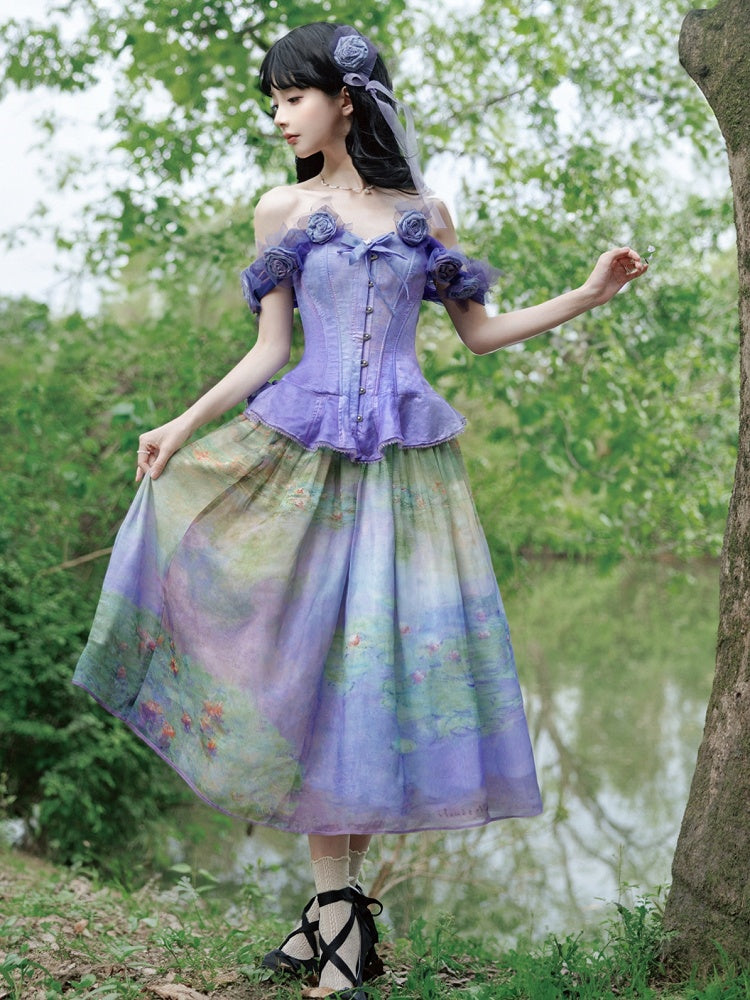Boned Corset Top with Detachable Floral Adornments Purple Flounce Hem