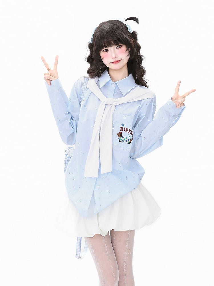 Short/long Sleeves Shirt with Decorated Blue Faux Sleeves and Adorable Dog Embroidery
