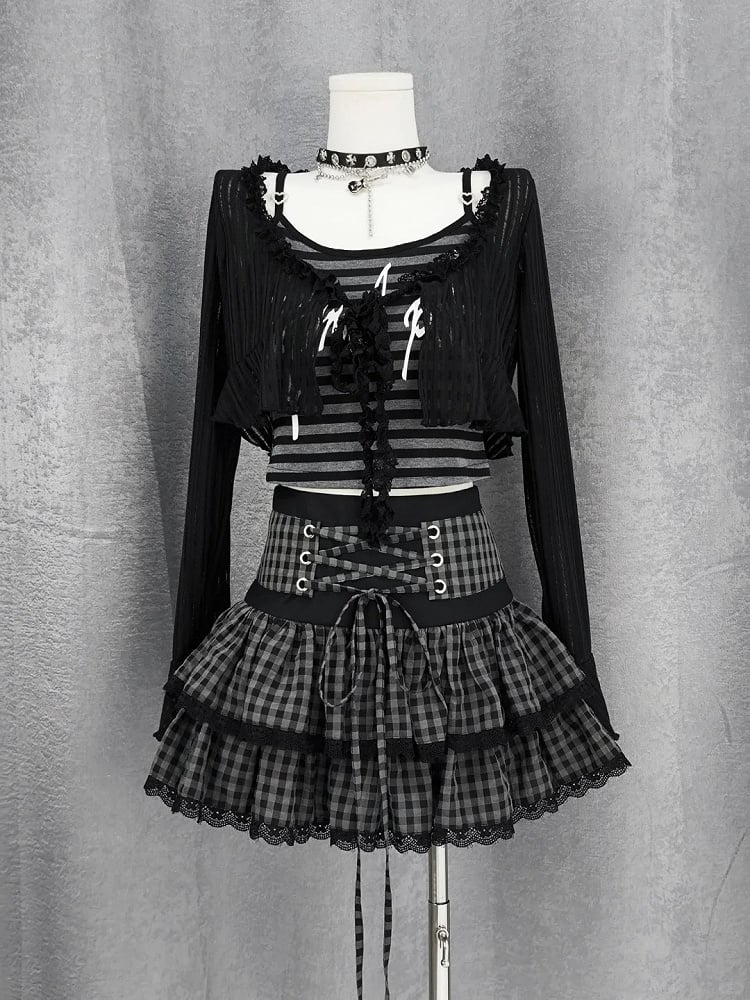 Self-tie Y2K Striped Cami Top with Black Cropped Coverup Set