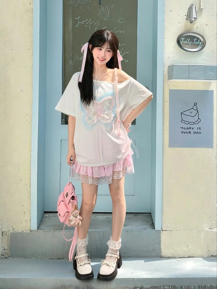 Sequins Decorated Lace-up Butterfly White Asymmetrical Neckline T-shirt Detail