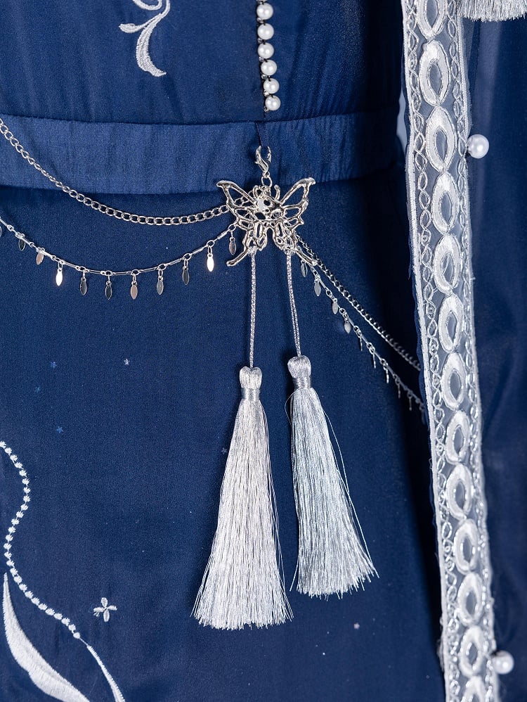 Night + Blue Embroidery Dress Long Dark Butterfly Starry Dreamy