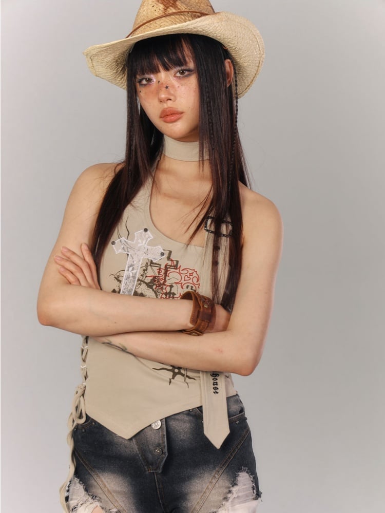 クロスアップリケ アプリコット ホルターネック トップ