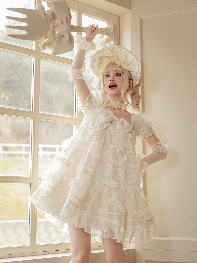 White Embroidered Bow Creamy Lolita Dress Sleeves Big Short Puff Neckline
