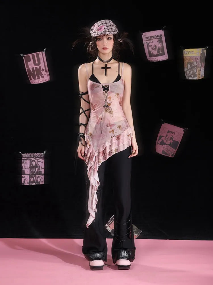 Flared Detail Lace-up Pants Black