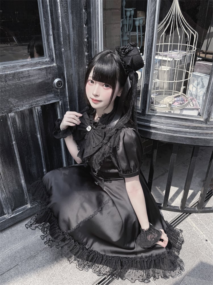 Back Bow Tie Black Ruffled Lace Trim Self-tie + Jirai Kei Chiffon Dress