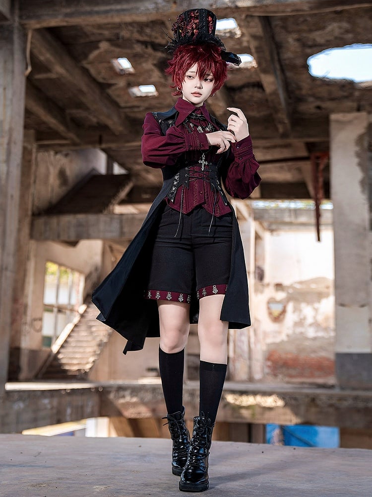 Straight-leg Shorts Black Lolita Ouji Cuffs Red