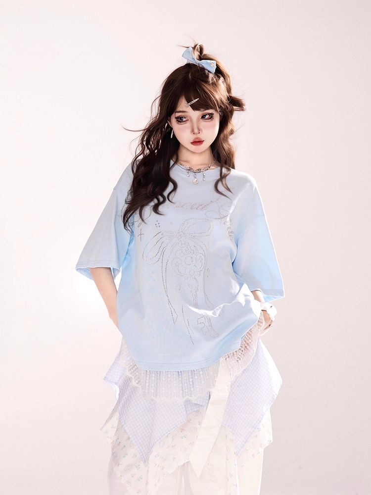 Loose Round Bowknot and Key Rhinestones Lace Trim Blue Neck T-shirt