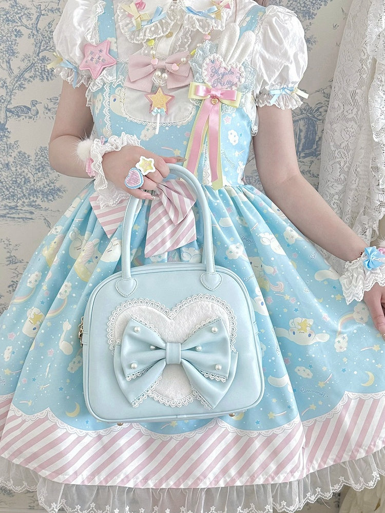 Heart Lolita Sweet Hand Plush Decorated Bowknot Blue Beaded Bag