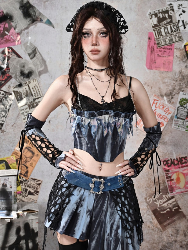 Rock Grunge Lace Boned Neckline Blue Punk Corset Cowl Fairy Style