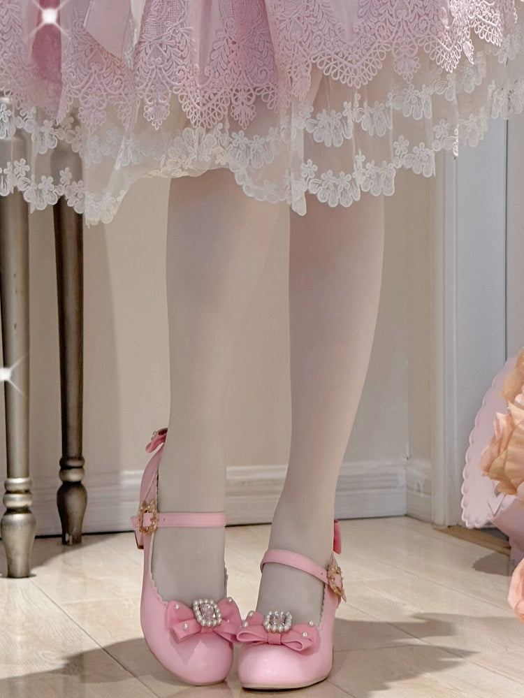 Schuhe Janes Bowknot Strass verziert und rund Mary Lolita Details Perlen Zehen rosa