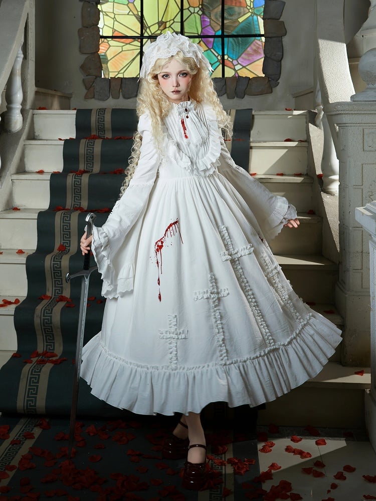 Langes und Ausschnittförmiges Rüschenkleid mit gerüschter Blutversion und Kreuz-Lolita-Stickerei, Gothic-Kleid, Weiß