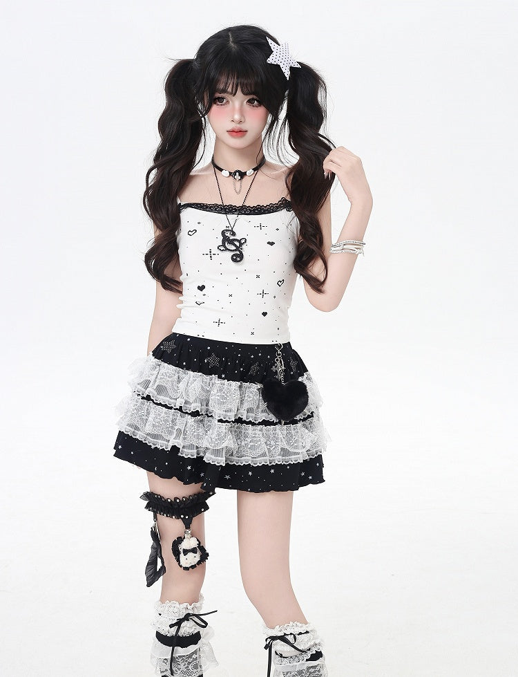 Skirt Gray/Black Elastic Waist Star Appliques Lace Trim Tiered Knit Light