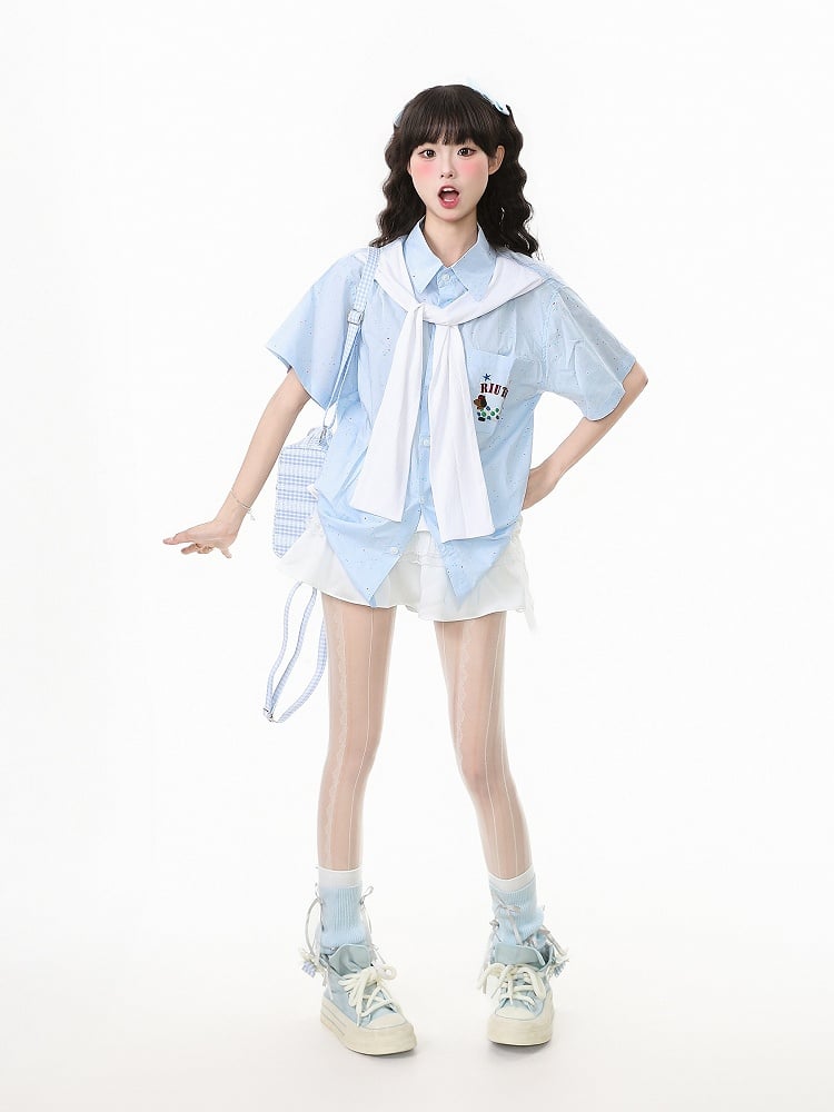 Short/long Sleeves Shirt with Decorated Blue Faux Sleeves and Adorable Dog Embroidery