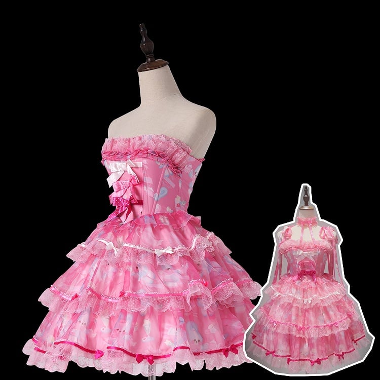 Bow Accents Bunny Print Satin Dress Boning Pink Cute Lolita