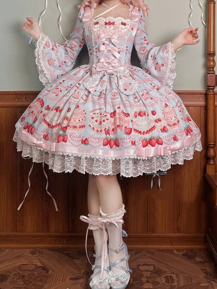 Blue Lolita Dress Bell Cake Piece Long Strawberry Sleeves One Sweet Print