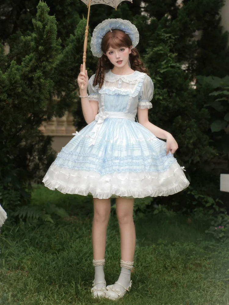 and Peter Collar Lolita Short Blue Pan Dress Sleeves White