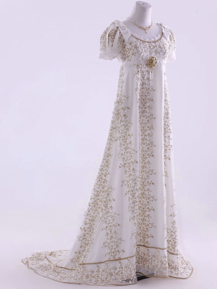 White Empire Waist Floral Elegant Lolita Maxi Dress Floor Length Version