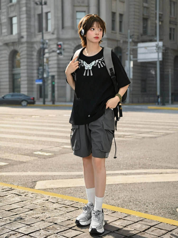 Black Round Butterfly Embroidery Cheongsam Style T-Shirt Neck