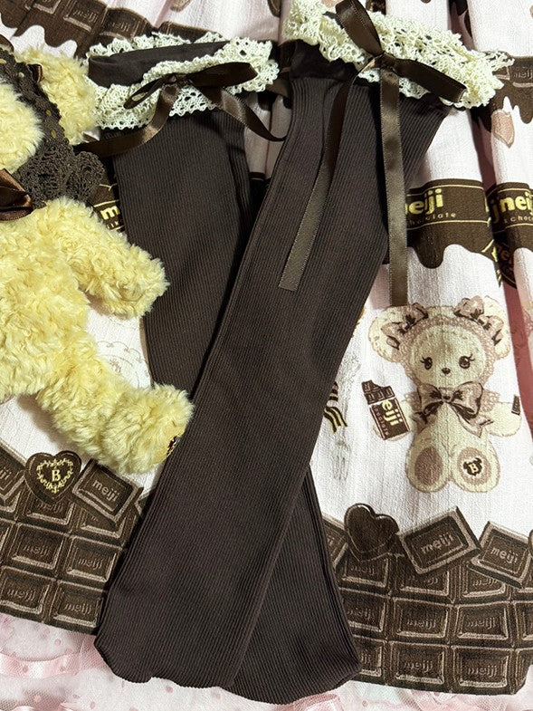Lace Brown/Black/White Bowknot Calf Lolita Ruffled Socks Cuff Details