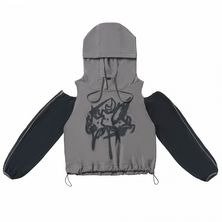 Print Colorblock Design Drawstring Gray Hem Hoodie and Cutout Shoulder Star Black