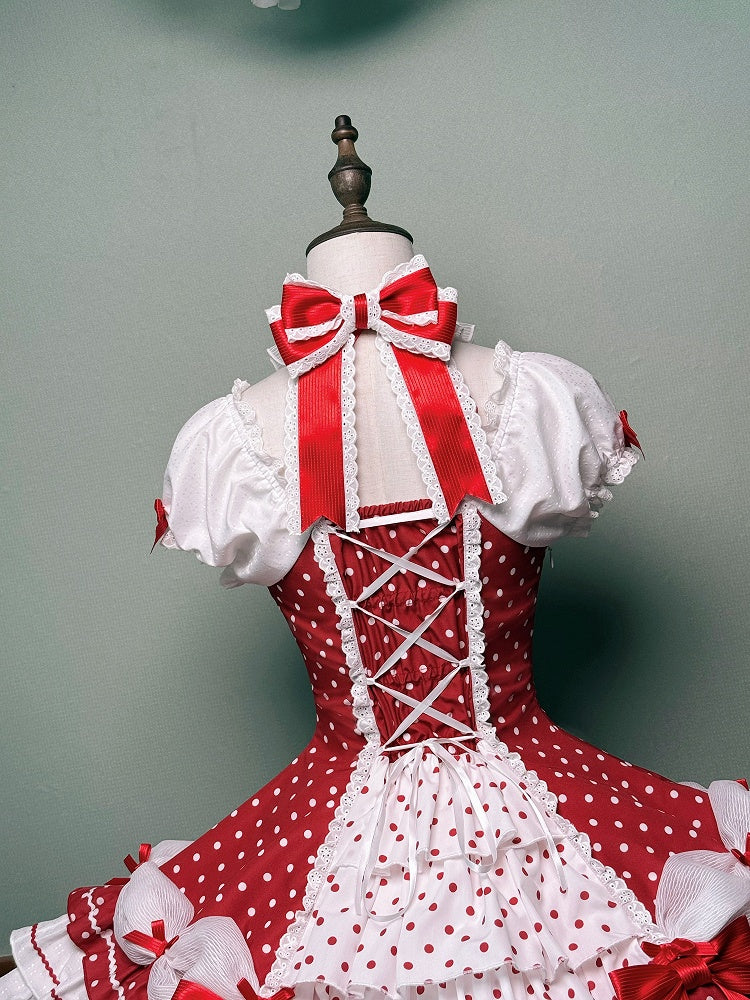 und Puffkleid mit gepunkteten Ärmeln, Schul-Polka-Lolita-Ausschnitt mit altroten Akzenten, Neckholder-Schleife