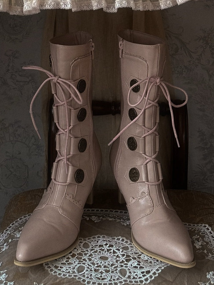 PU with Leather Toe Pointed Heels Lace-Up Lolita Sakura Mid-Calf Details Pink Design Boots Buckle -