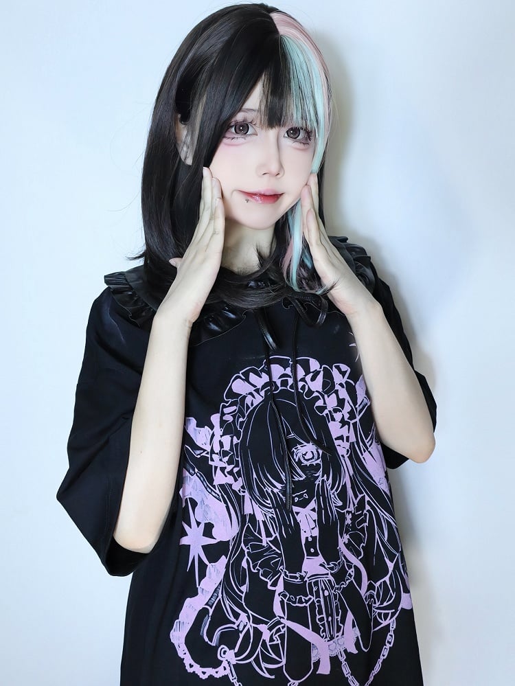 Cartoon Round Print BlackPink T-shirt Jirai Kei Neck Girl