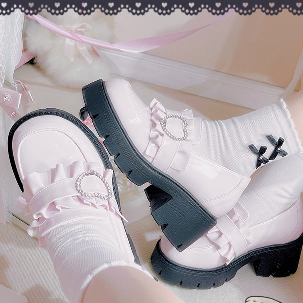 Schuhe Jirai 6,5 cm Pink Chunky Detail Kei mit Loafers Perlenabsatz Sweetheart Plateau