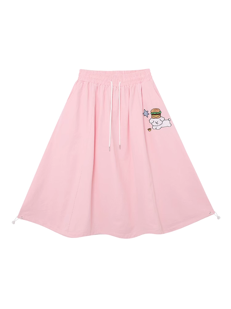 Skirt A-line Pink Drawstring Waist Cute Puppy Embroidery