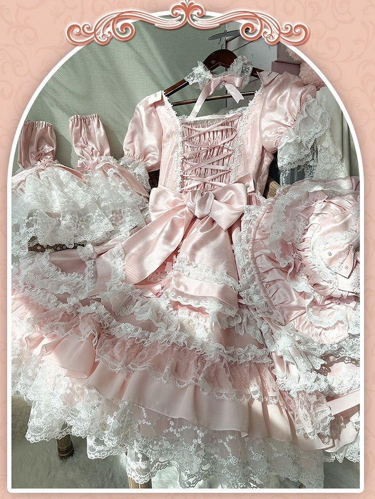 Dress Sweet Lolita Pink Accents High Detachable with Sleeves Bow Waist Princess