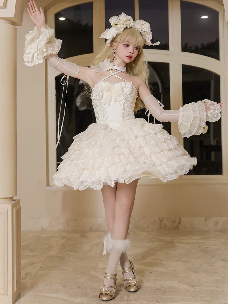 Creamy Scallop Lolita White Skirt Trim Embroidered Princess Dress Tiered