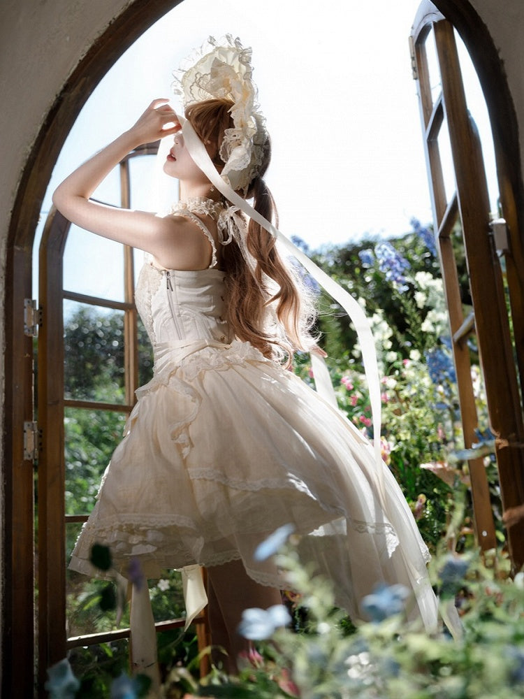 + Top Set Creamy Elegant Balletcore Skirt Lolita High-low Overlay Corset - Boned