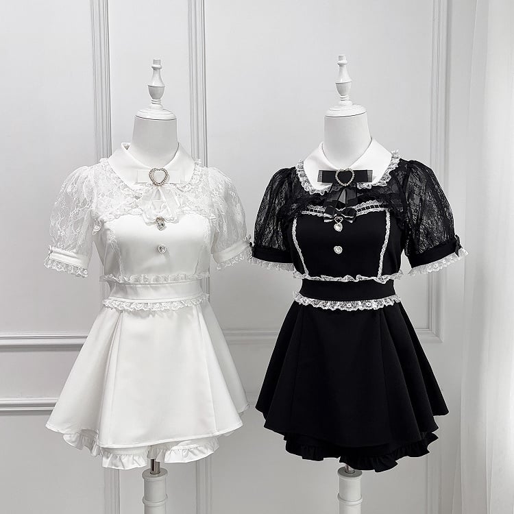 Set Kei Sweetheart Decoration + Shawl White Collar Jirai Bowtie -Shirt Top Lace Shorts Rhinestone