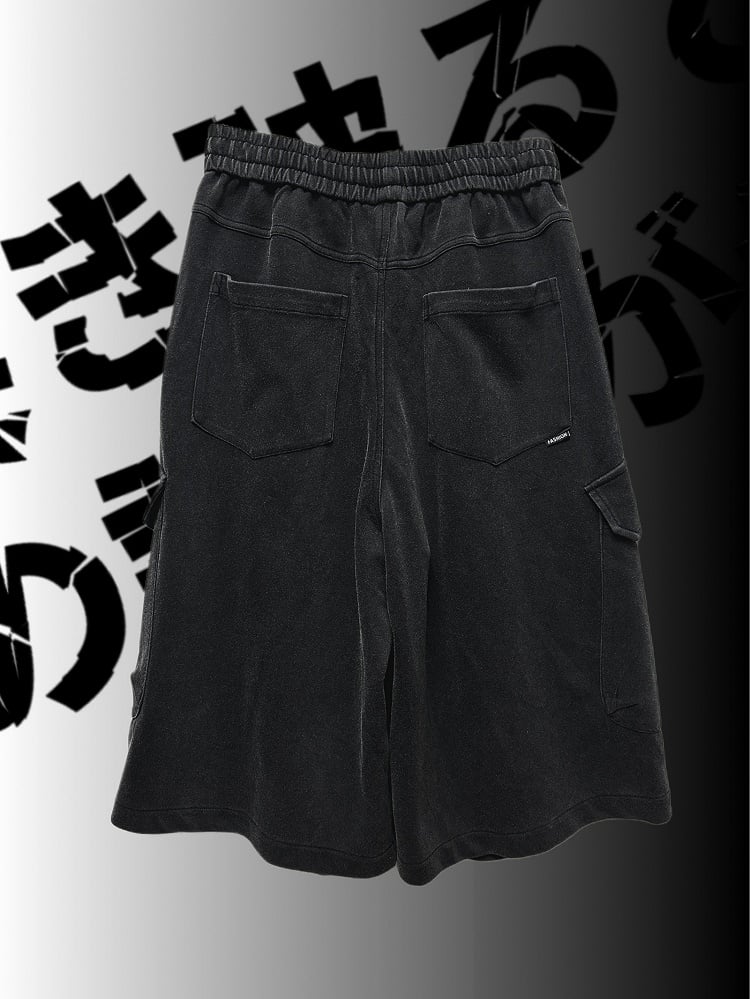 Design Pants Black Asymmetrical Cargo Punk Wasteland Print Wide-Leg