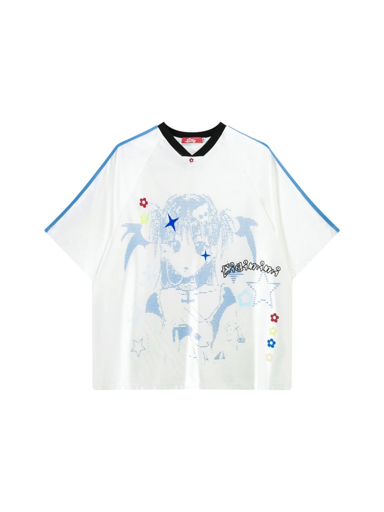 T-Shirt White V-Neck Cartoon Girl Print