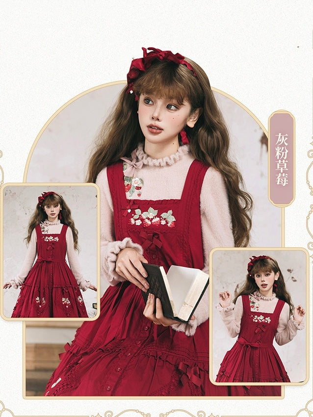Dusty Autumn Embroidery Strawberry Bowknot Knit on Neckline Top Cuffs Pink